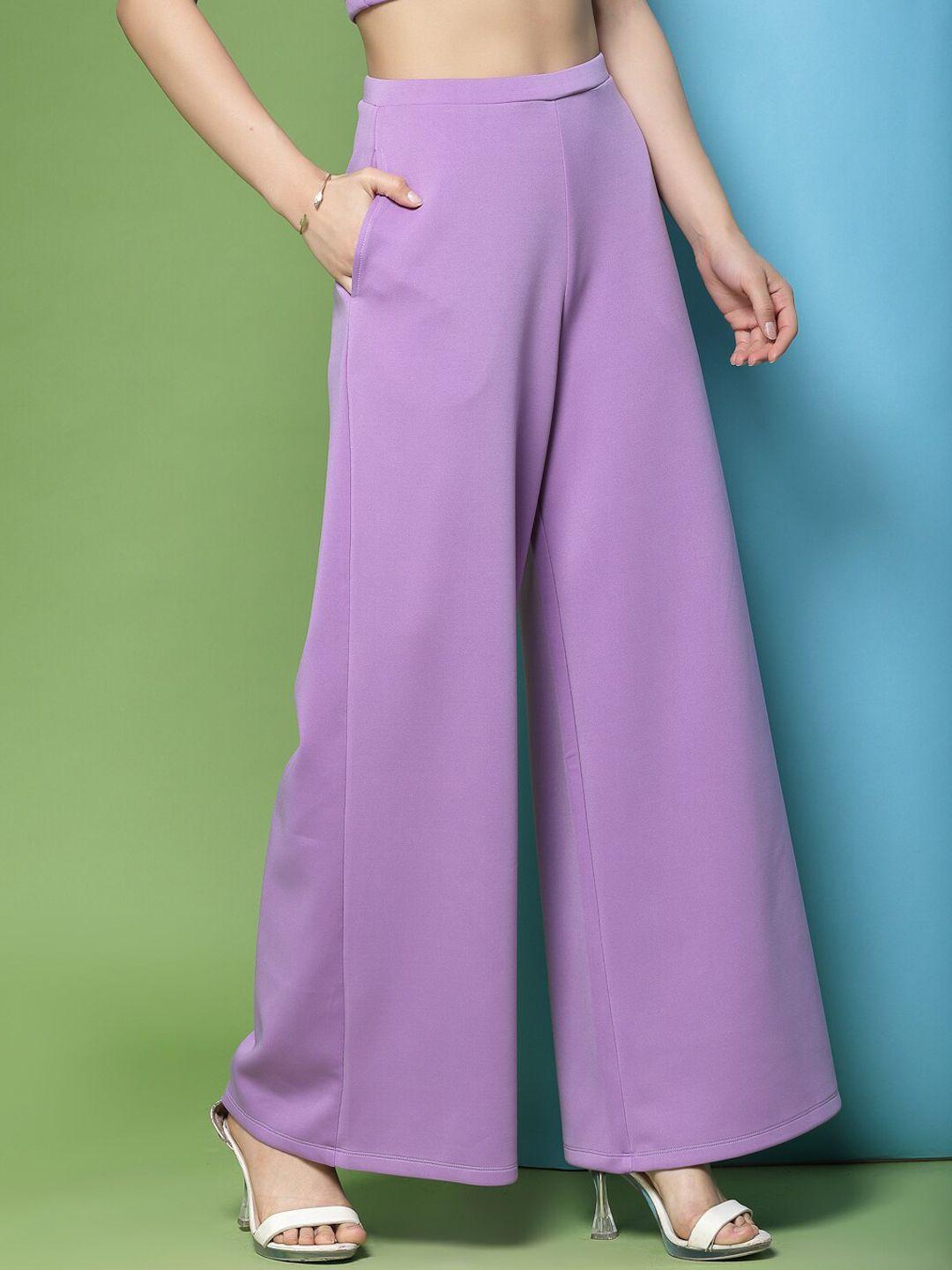 kassually women lavender flared high-rise trousers