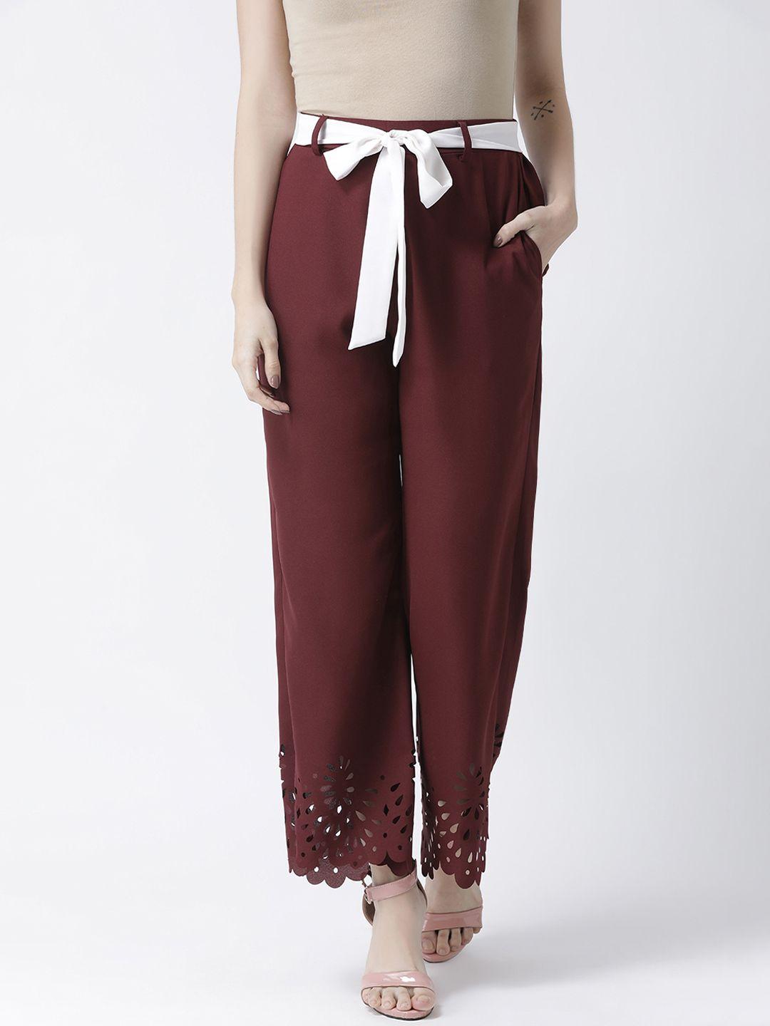 kassually women maroon regular fit solid parallel trousers
