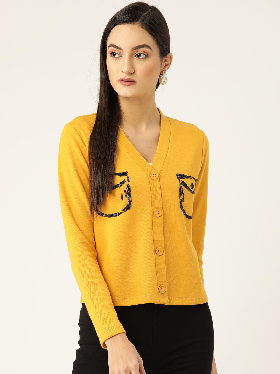 kassually women mustard yellow embellished cardigan sweater