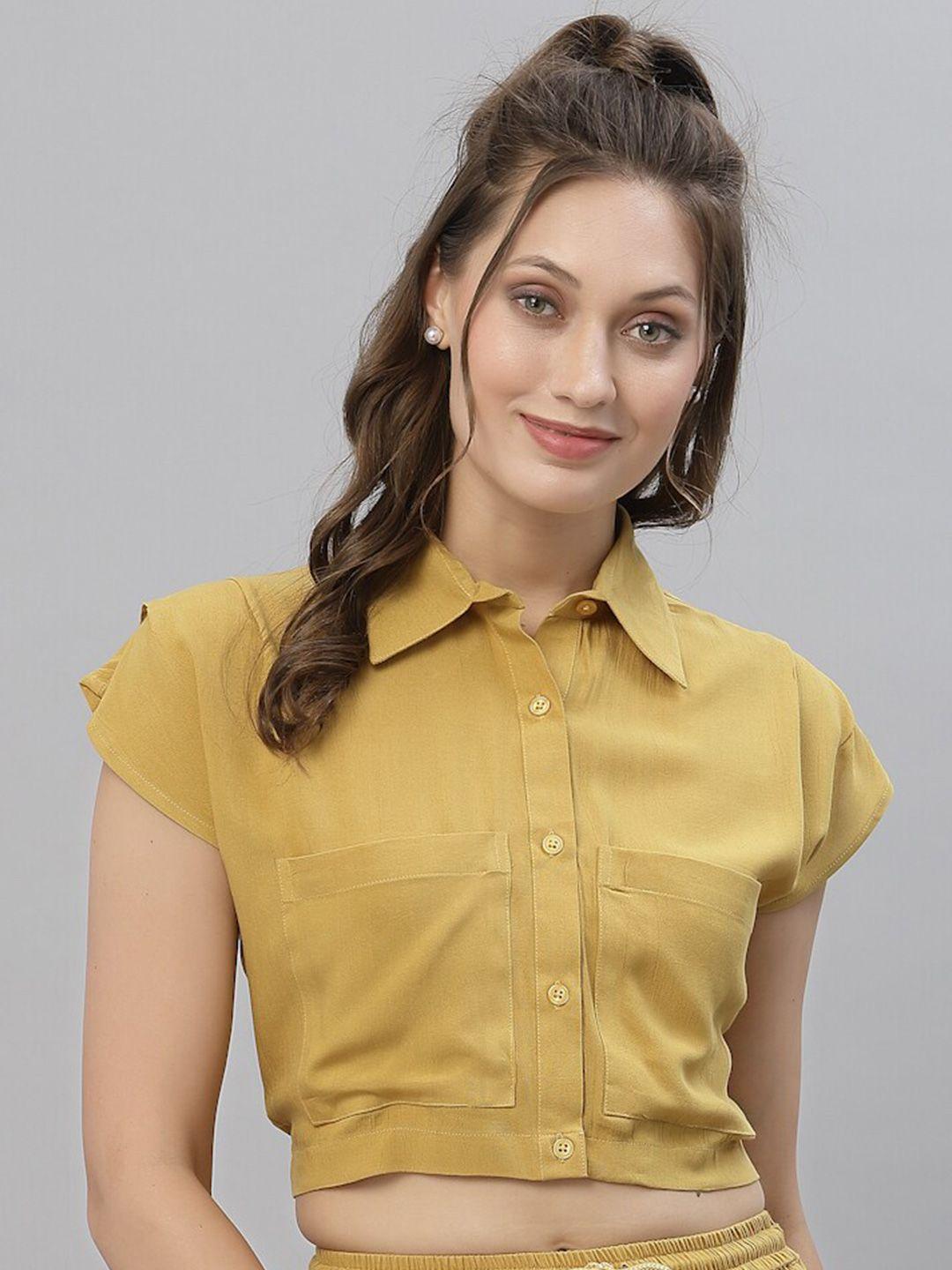 kassually women mustard yellow regular fit solid crop casual shirt