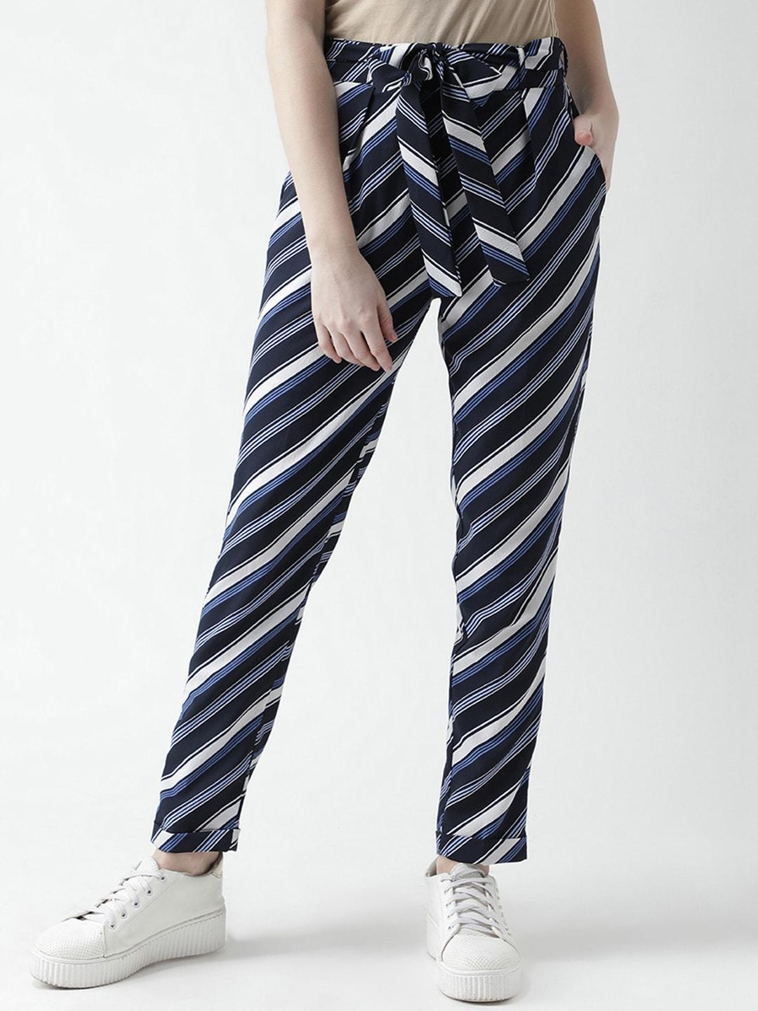 kassually women navy blue & white relaxed regular fit striped regular trousers