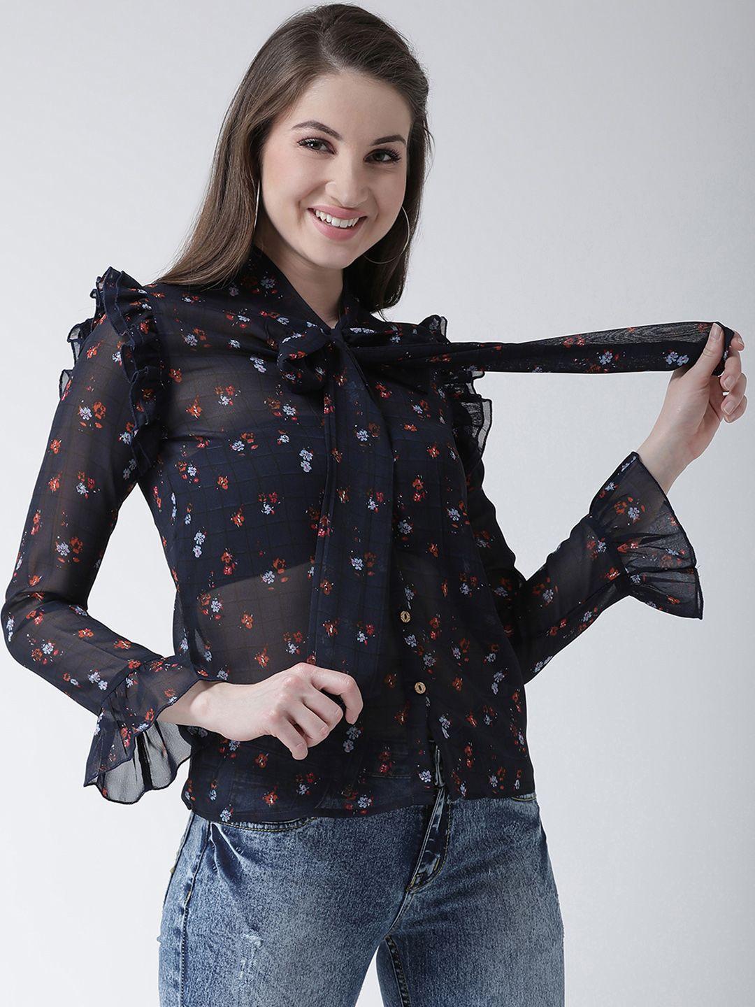 kassually women navy blue regular fit printed casual shirt