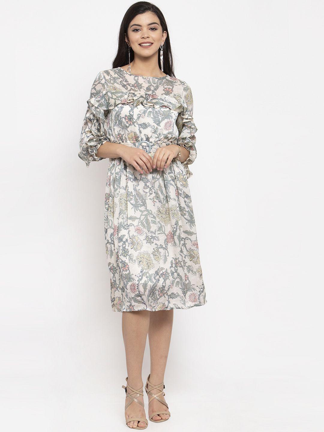 kassually women off-white floral print fit and flare dress
