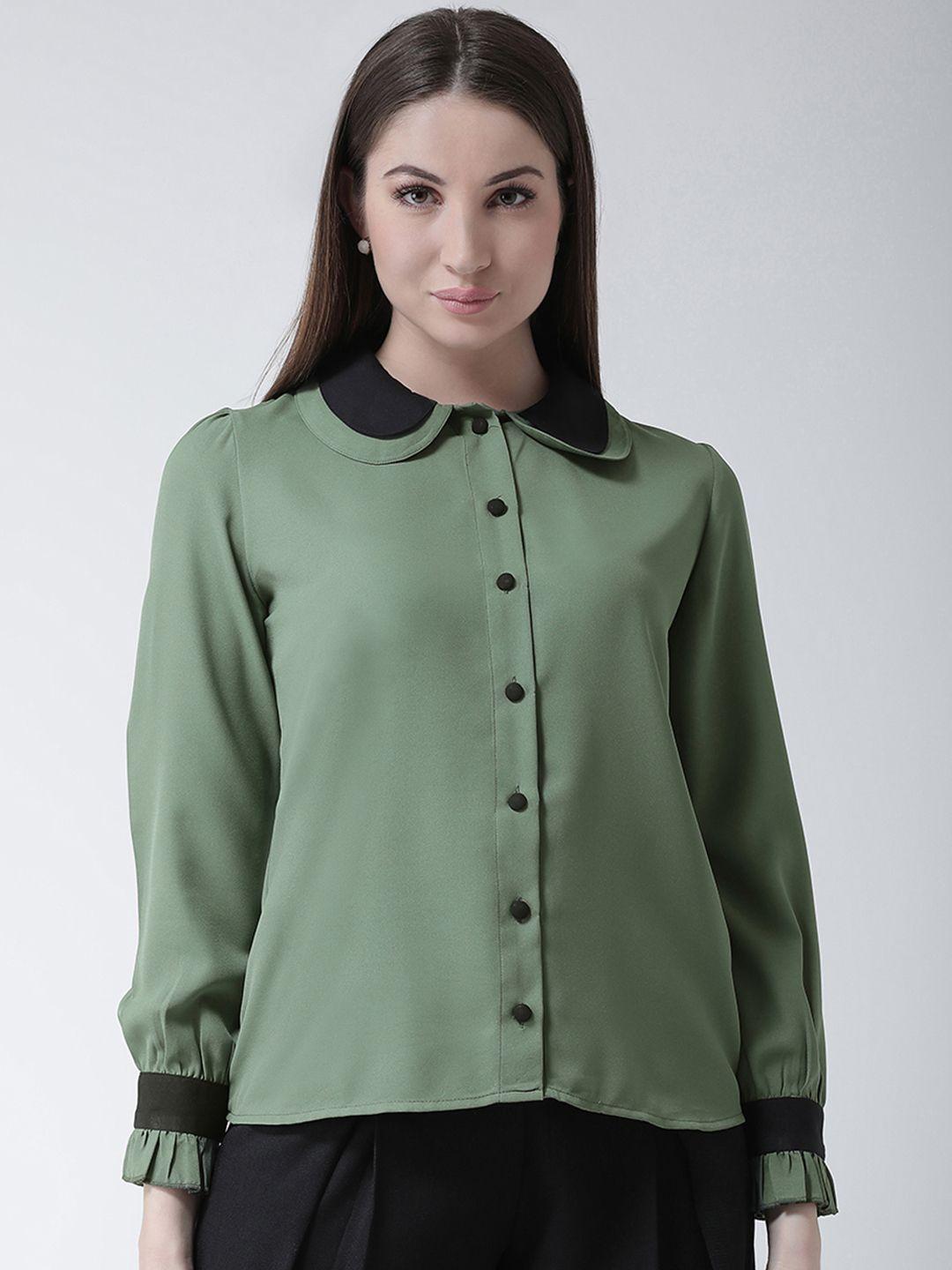 kassually women olive green & black regular fit solid casual shirt