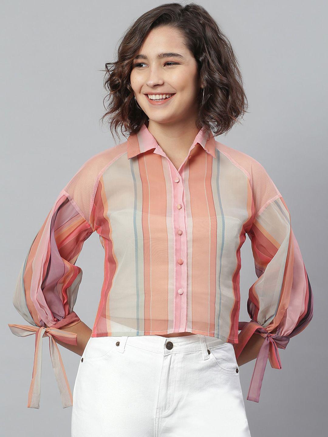 kassually women peach-coloured & multicoloured regular fit striped casual shirt