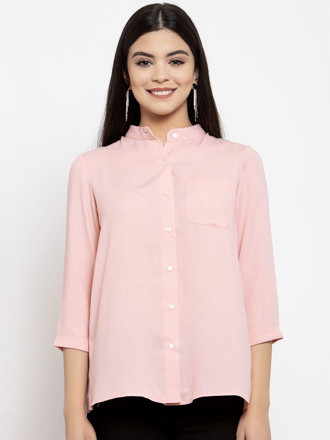 kassually women peach-coloured slim fit solid casual shirt