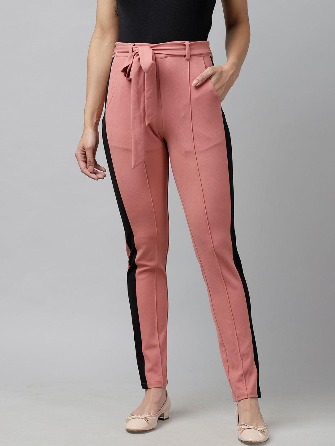 kassually women pink & black slim fit printed regular trousers