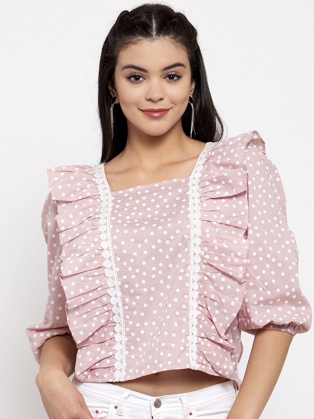 kassually women pink & off-white printed pure cotton top