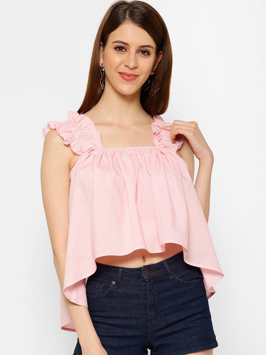 kassually women pink frilly shoulder high low top