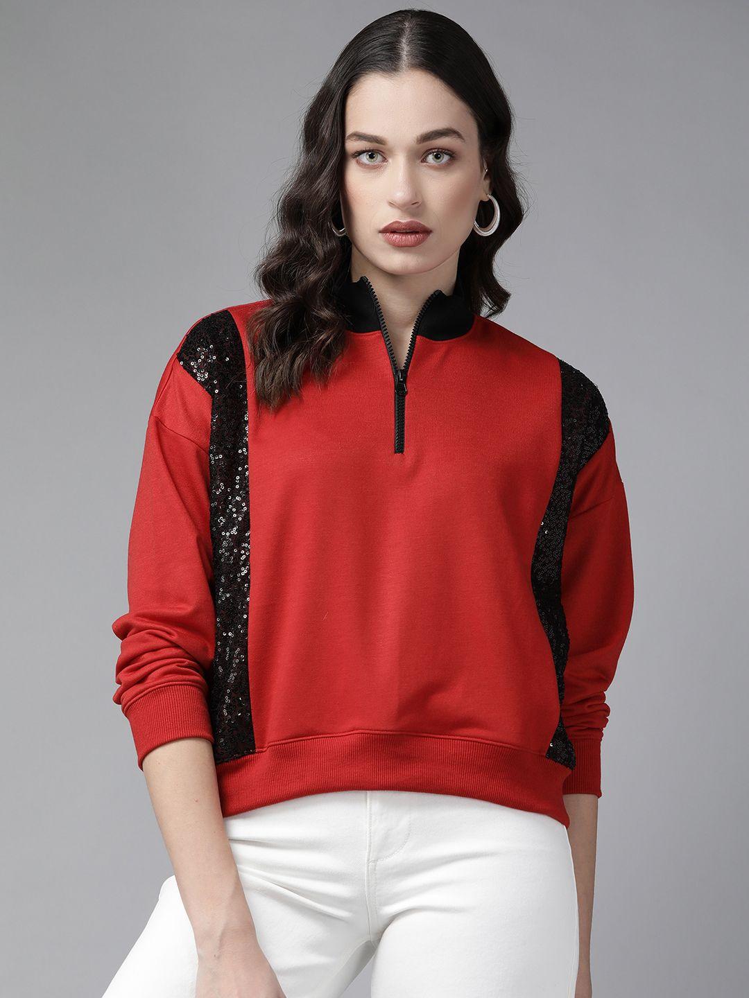 kassually women red & black sequinned sweatshirt