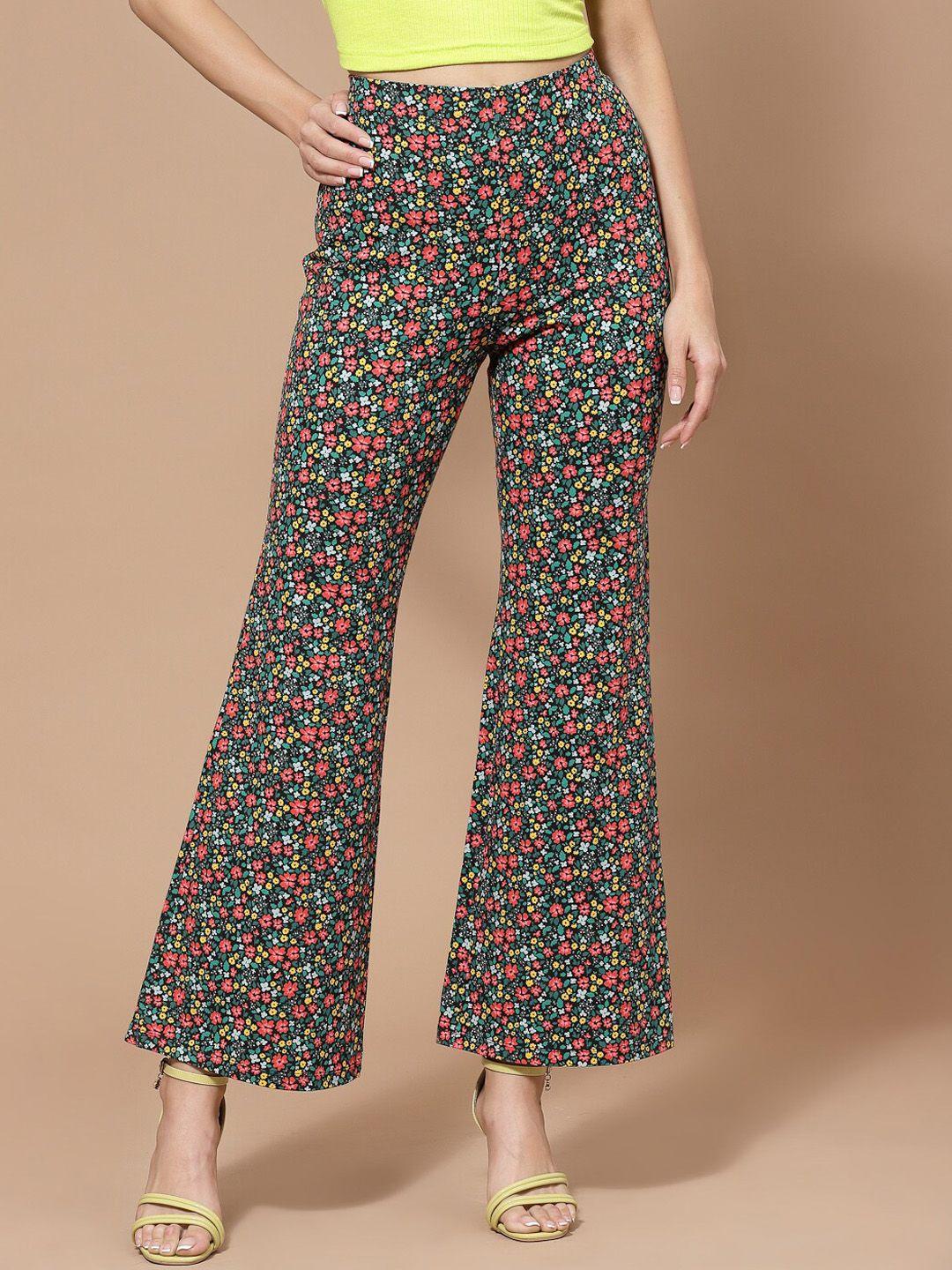 kassually women red floral printed high-rise cotton trousers