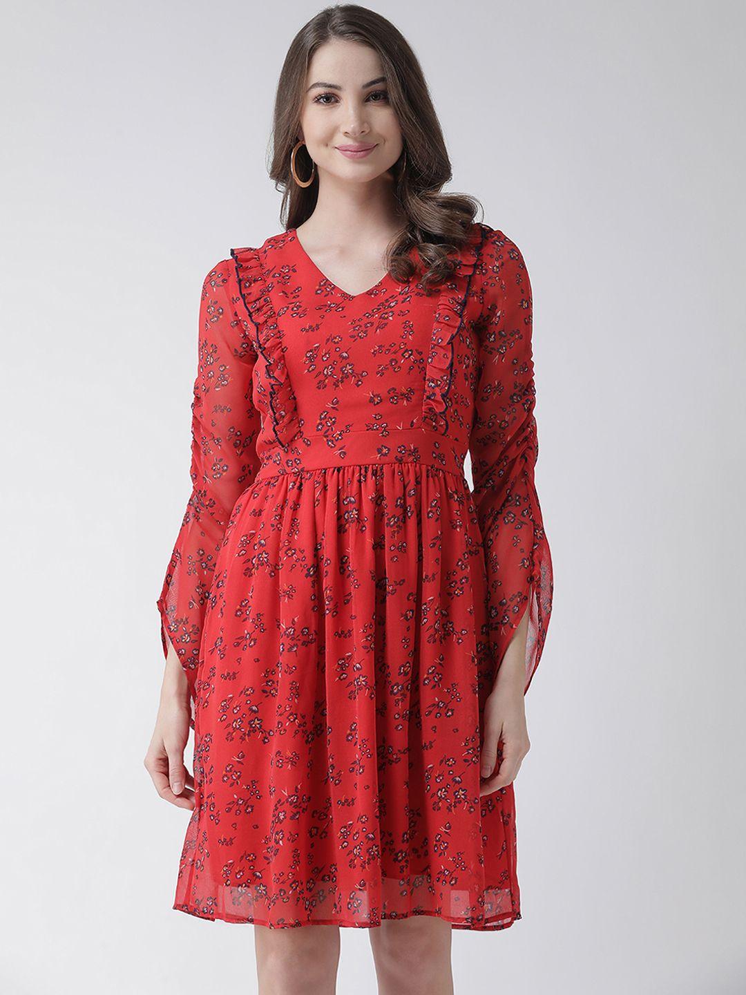 kassually women red printed fit and flare dress