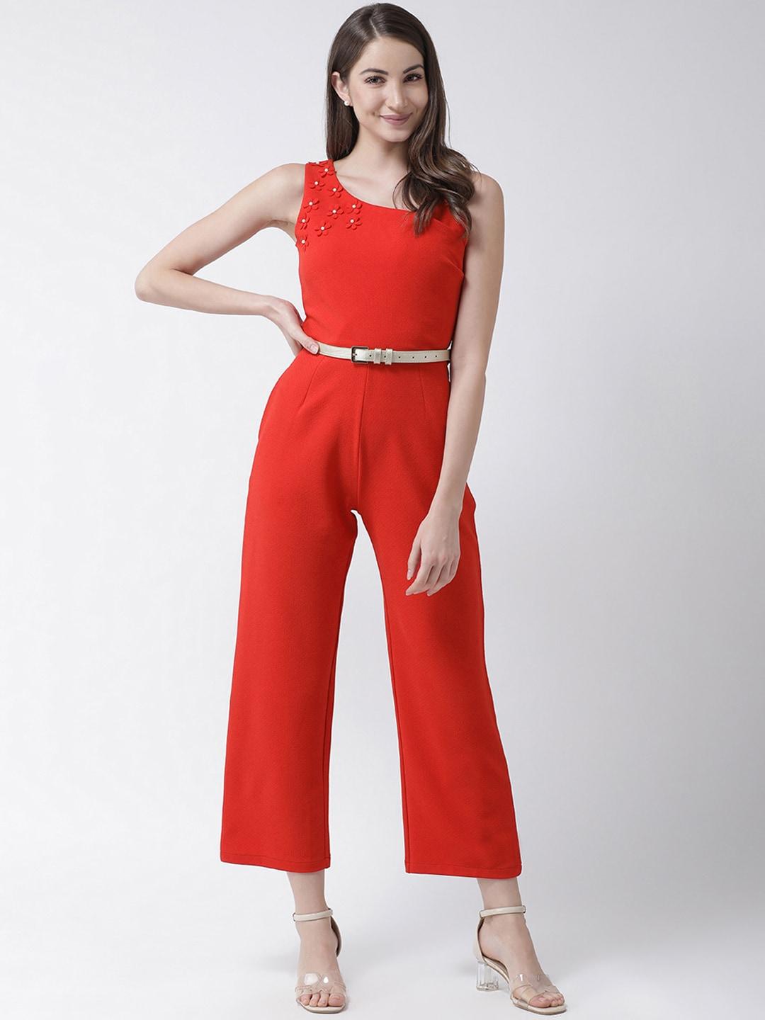 kassually women red solid basic jumpsuit