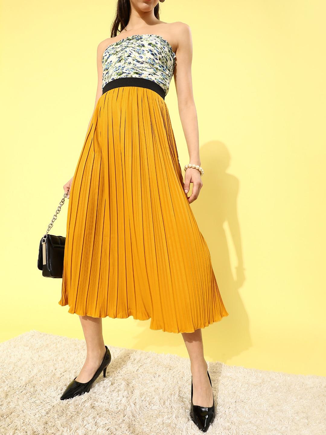 kassually women stylish mustard solid pleated form skirt