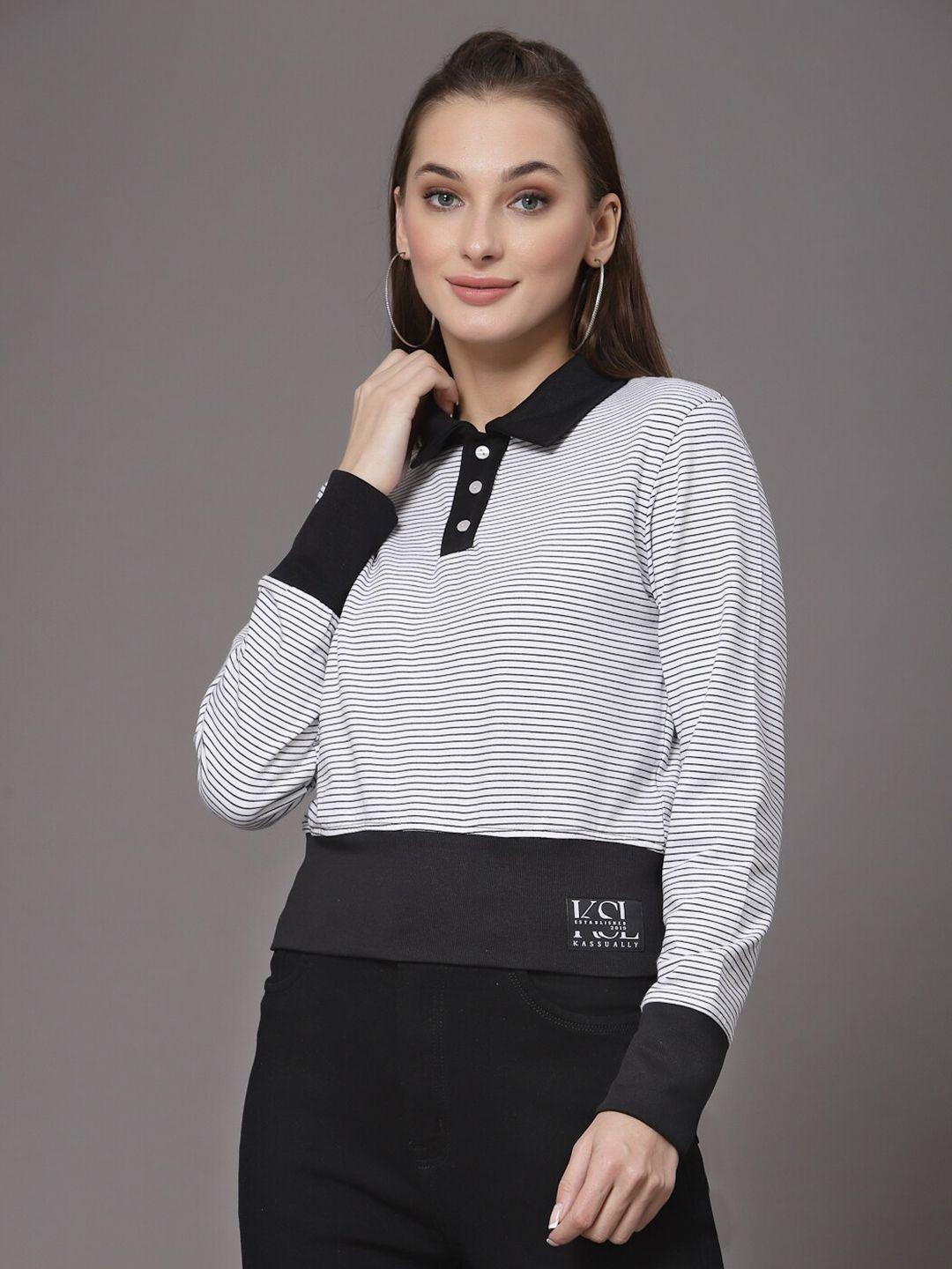 kassually women white & black polo collar cotton t-shirt