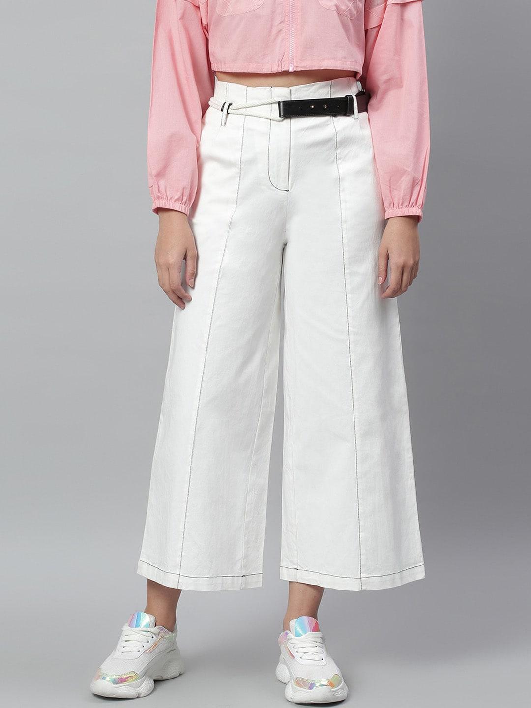 kassually women white solid belted culottes trousers