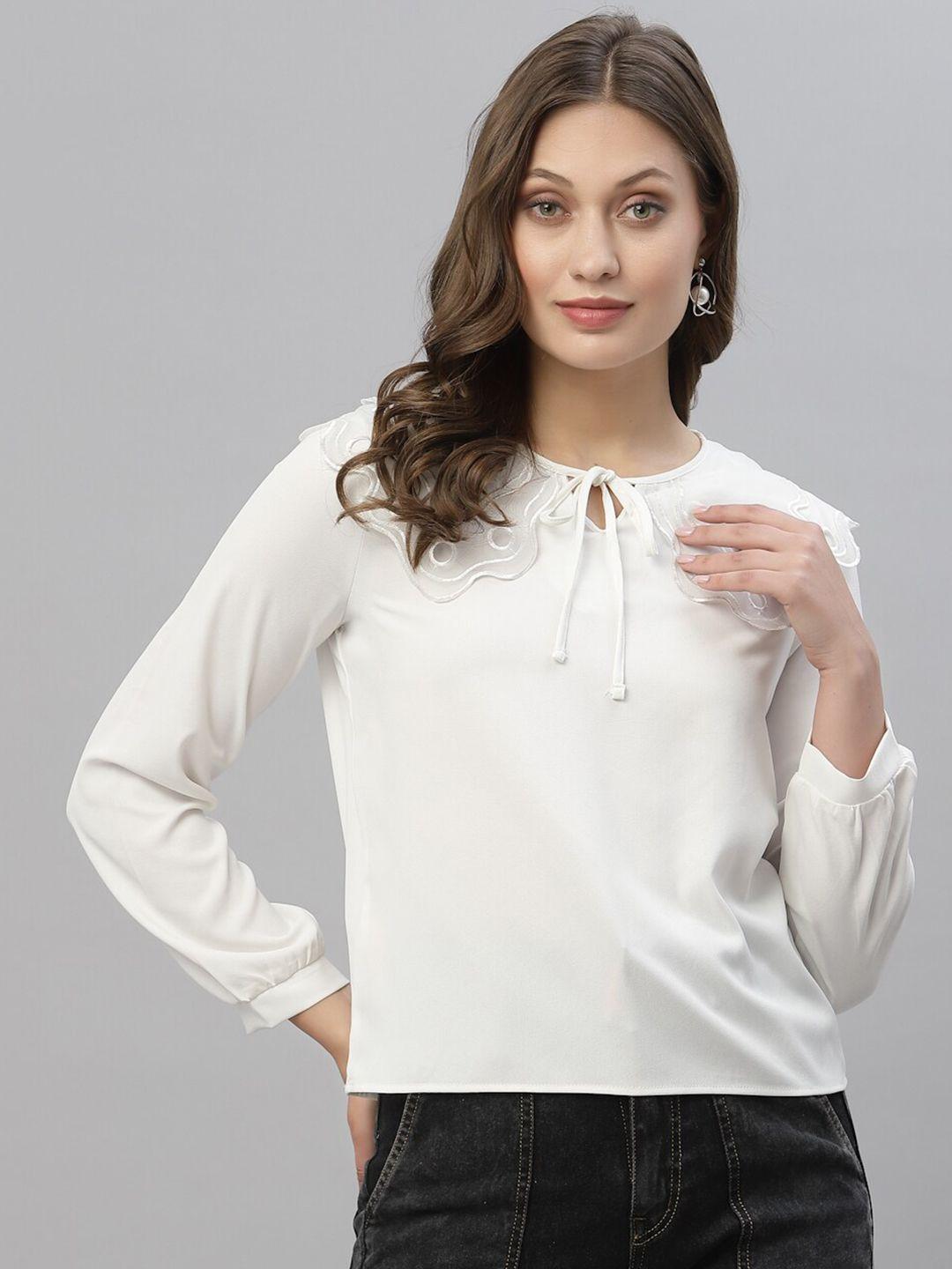 kassually women white tie-up neck crepe top