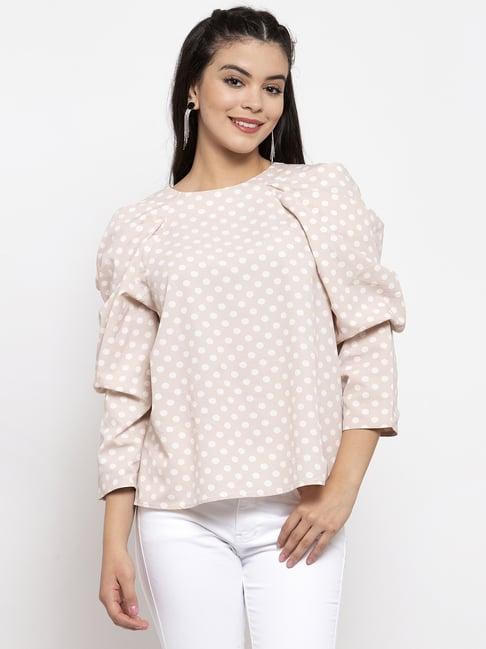 kassually beige & white printed top