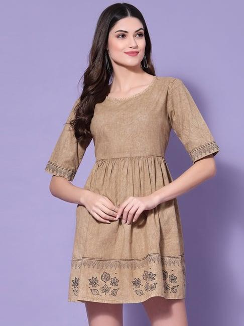 kassually beige cotton floral print a line dress