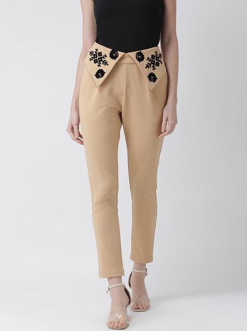 kassually beige floral print regular fit mid rise trousers