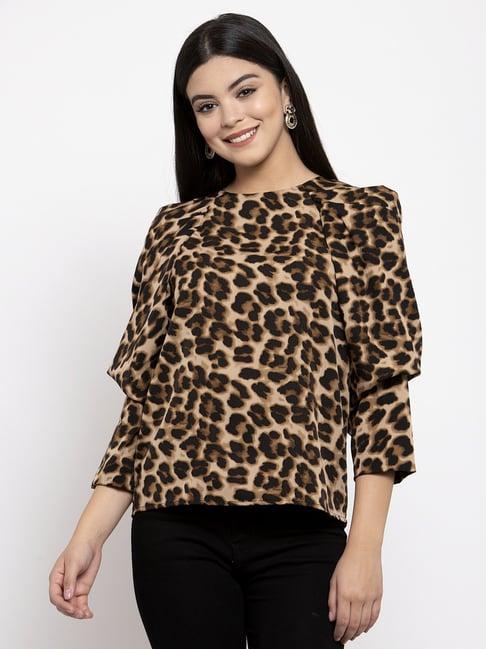 kassually black & brown crepe animal print top