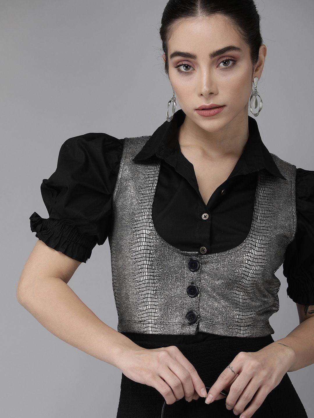 kassually black & silver foil snakeskin print waist coat