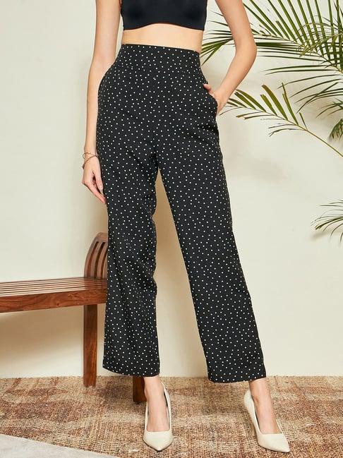 kassually black & white cotton printed regular fit high rise trousers