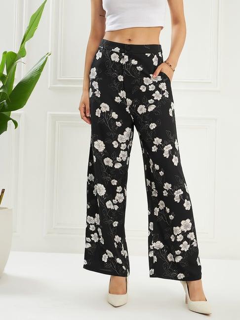 kassually black & white floral print regular fit mid rise trousers