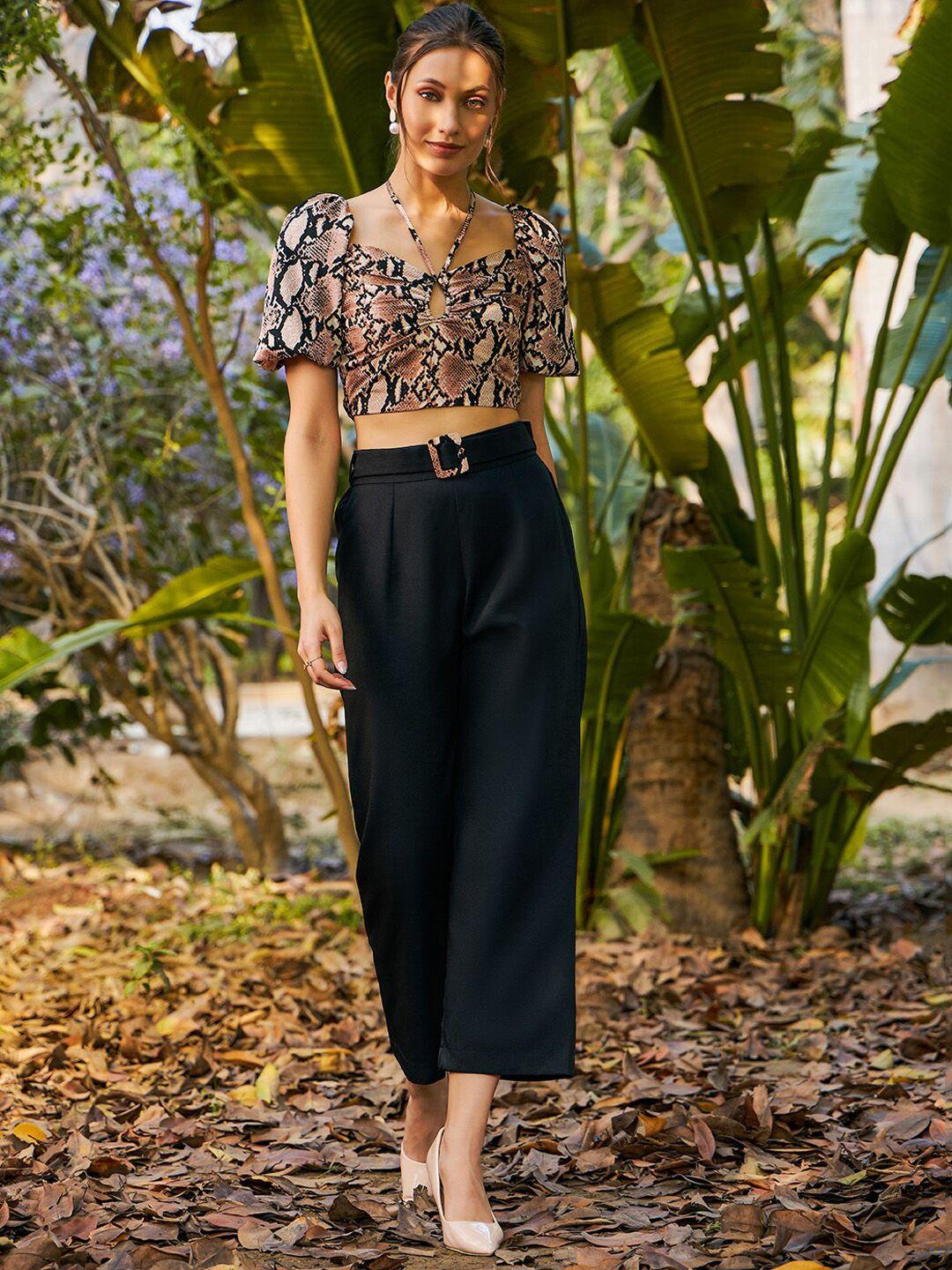 kassually black  & peach coloured printed smocked detail crop top & trouser co-ords