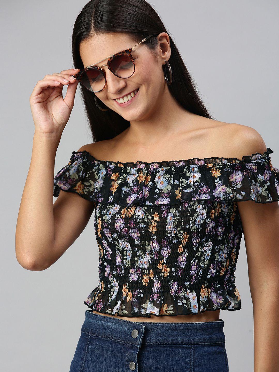 kassually black and orange floral print smocked crop top