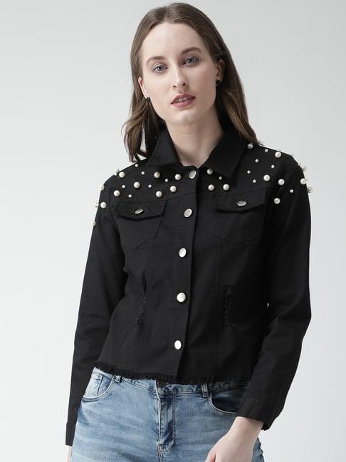 kassually black cotton embellished denim jacket