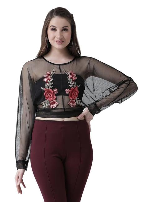 kassually black embroidered crop top