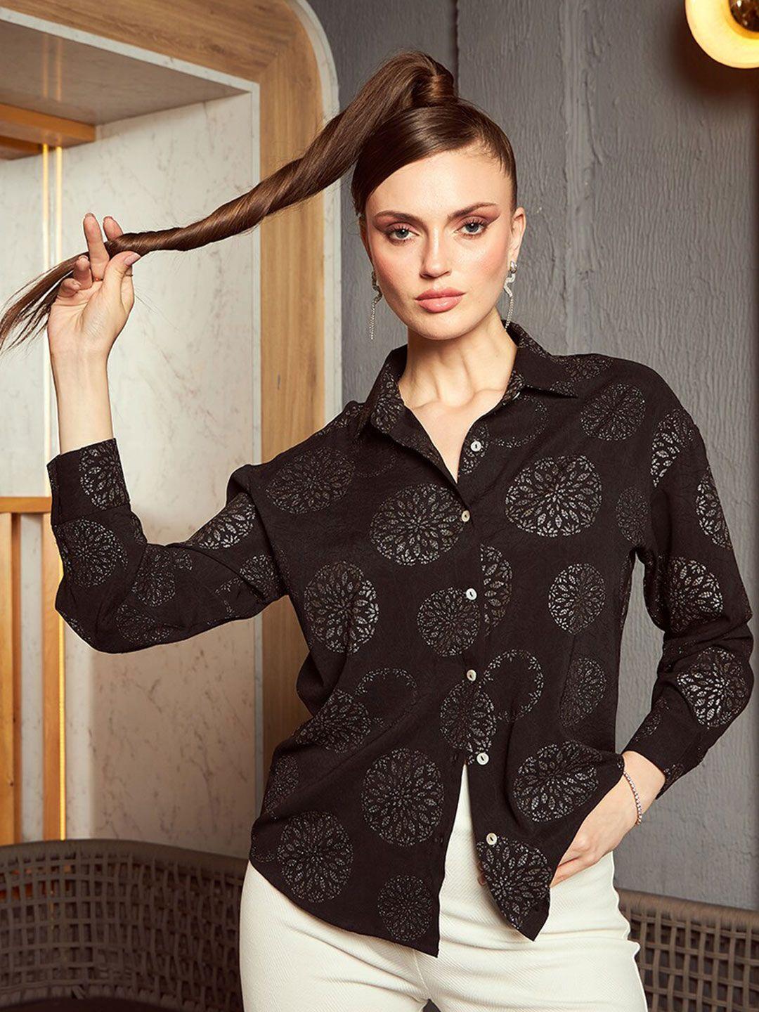 kassually black ethnic motifs printed spread collar casual shirt