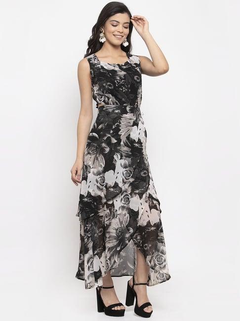 kassually black floral print high-low dress