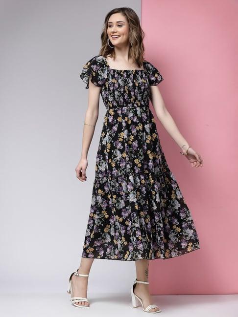 kassually black floral print midi dress