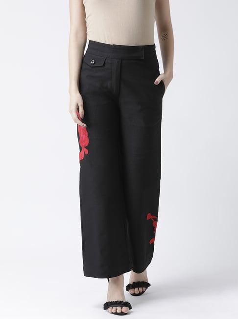 kassually black floral print regular fit mid rise trousers