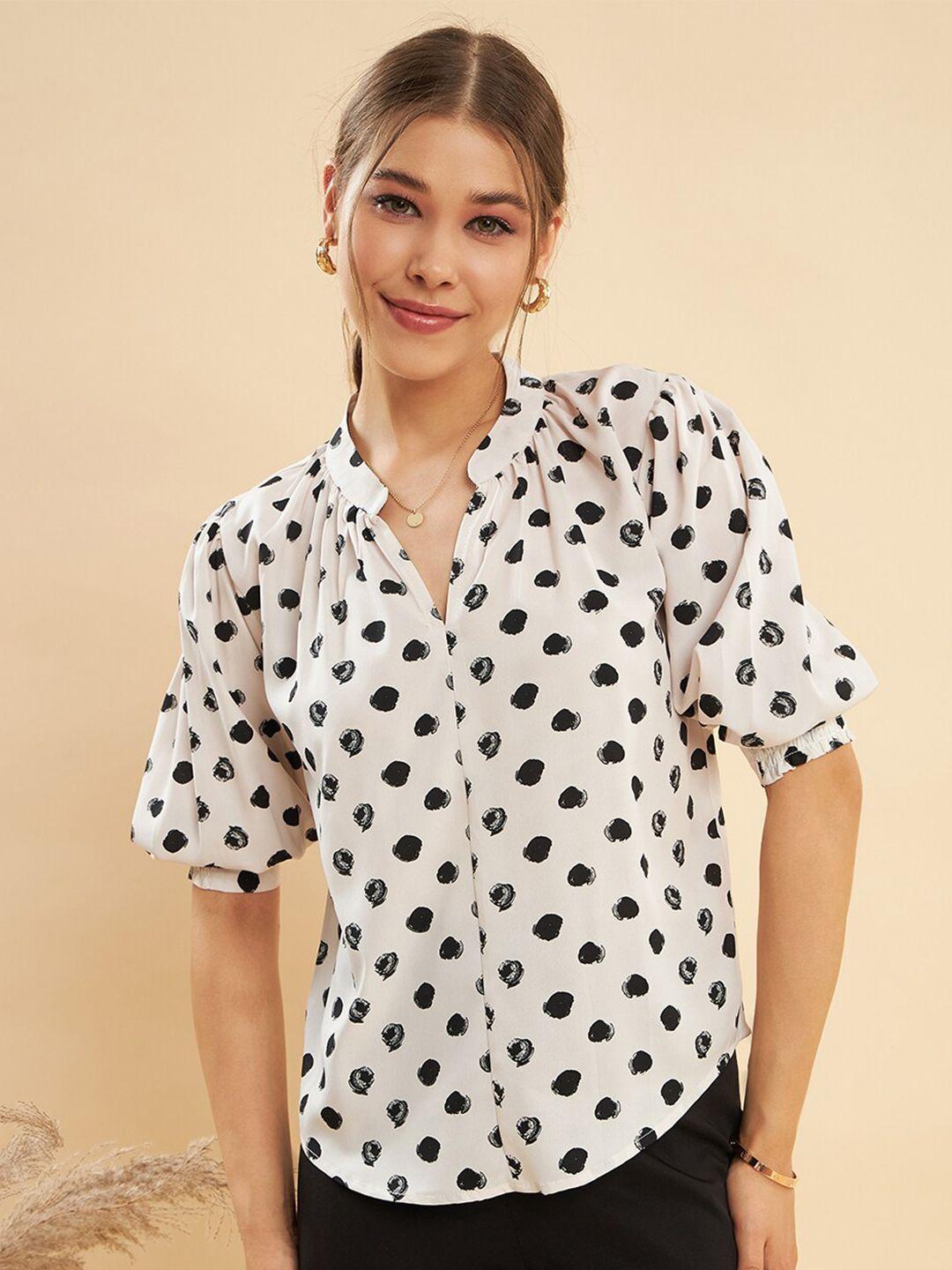 kassually black polka dot print mandarin collar puff sleeve crepe shirt style top