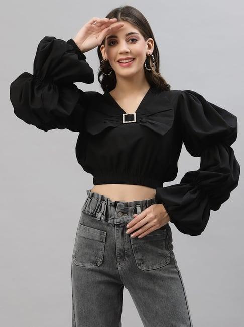 kassually black relaxed fit crop top