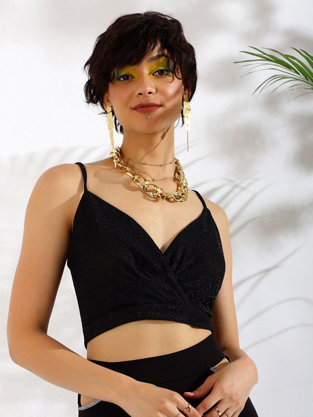 kassually black shoulder straps wrap crop top