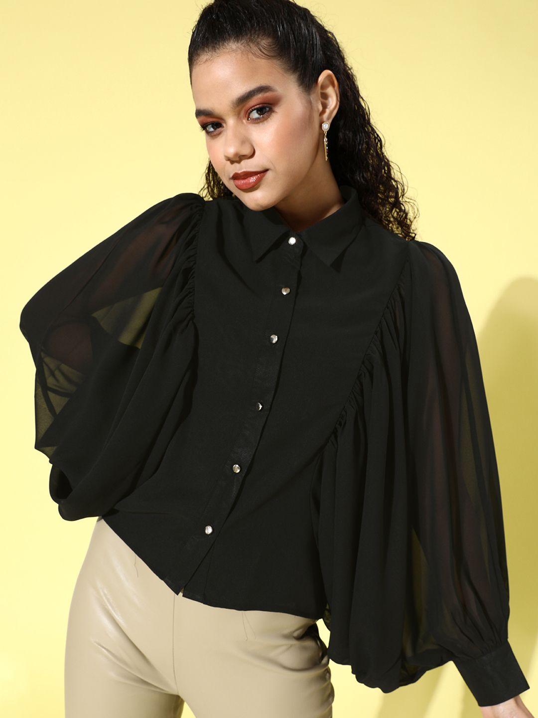 kassually black solid batwing sleeves shirt style top