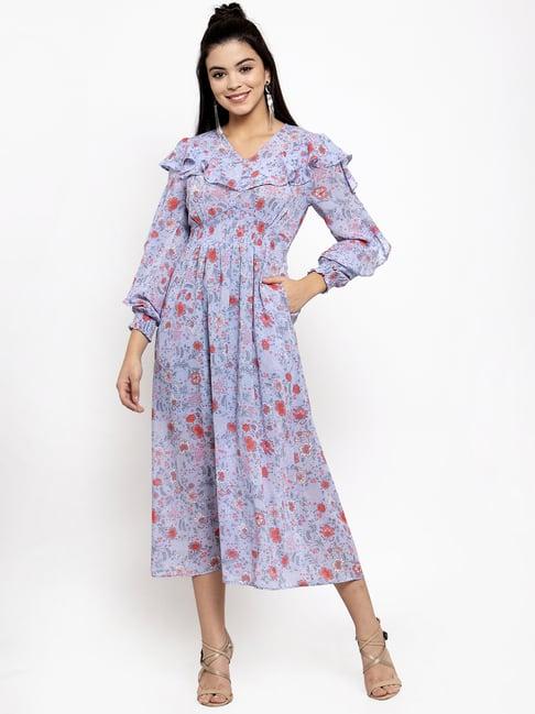 kassually blue & red floral print midi dress