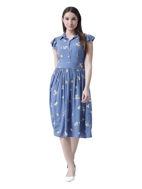 kassually blue & white cotton floral print a line dress