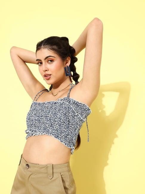 kassually blue & white printed crop top