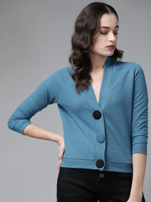 kassually blue cotton relaxed fit cardigan