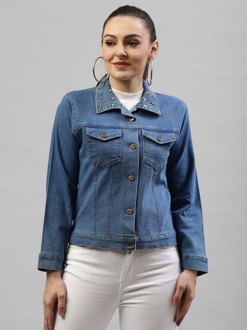 kassually blue cotton relaxed fit denim jacket