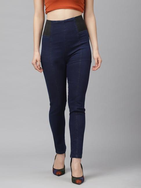 kassually blue cotton relaxed fit high rise trousers