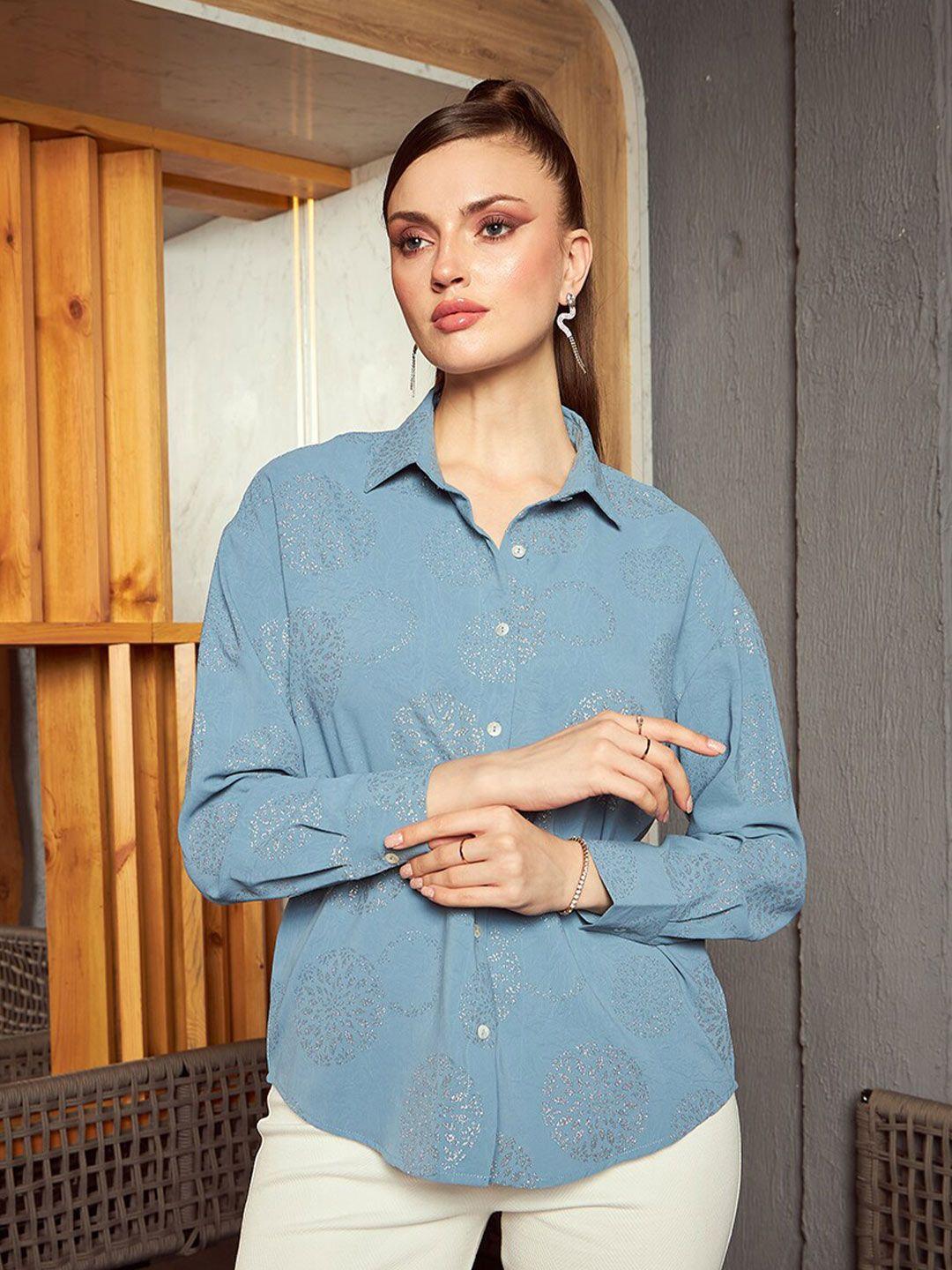 kassually blue ethnic motifs printed spread collar casual shirt