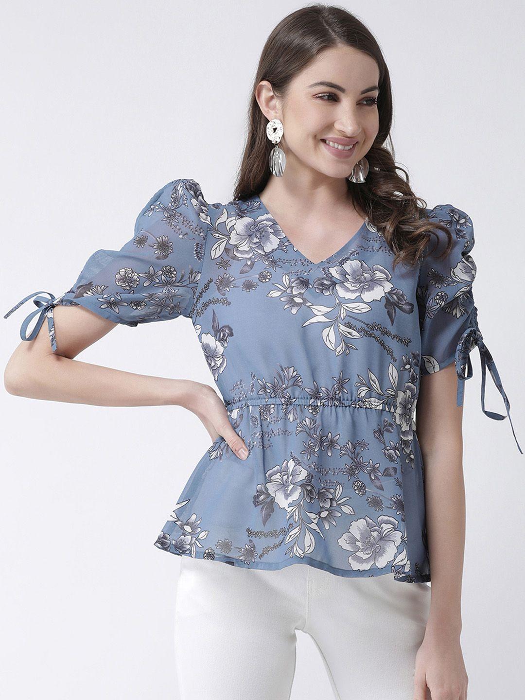 kassually blue floral cinched waist top with puff sleeves