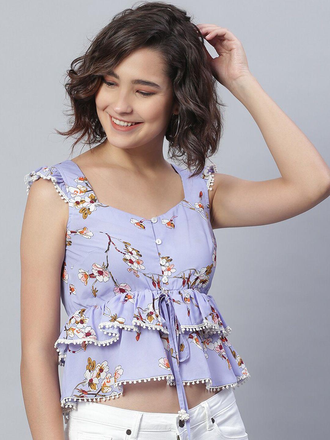 kassually blue floral crepe cinched waist crop top