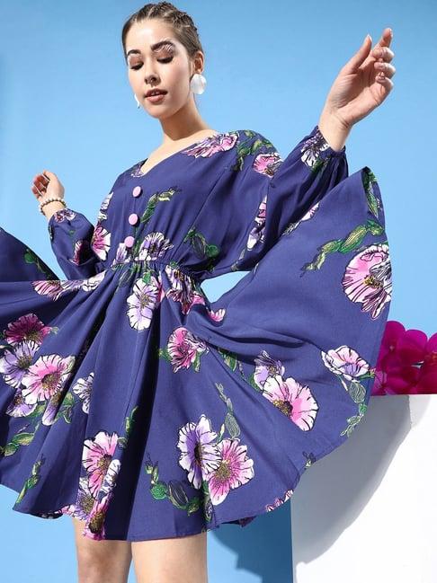 kassually blue floral print fit & flare dress